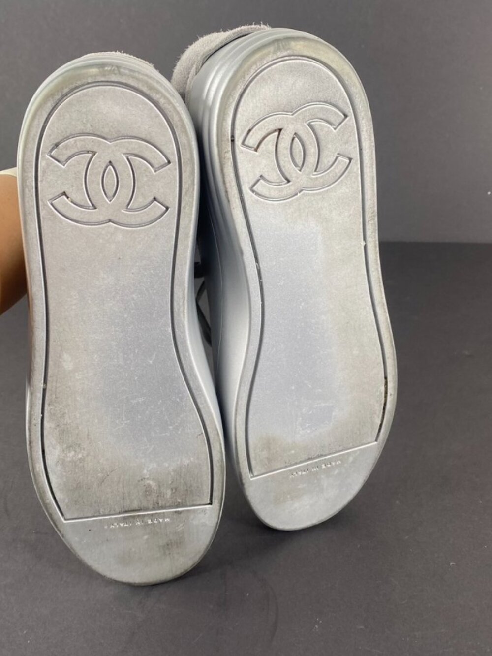 Chanel Grey Silver Suede Rubber CC High Top Sneakers Size 37.5 - Picture 6 of 12